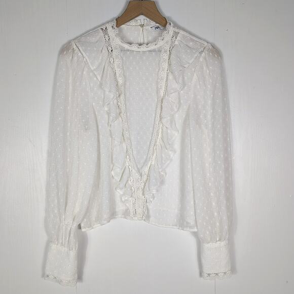 Zara Other - Zara Women’s M White Sheer Polka Dot Lace Ruffle Long Sleeve Blouse Boho Cottage